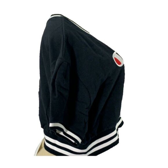 Champion XL Black Logo Fleece Lined Ribbed Trim Short Sleeve Crop Sweatshirt - Picture 3 of 6